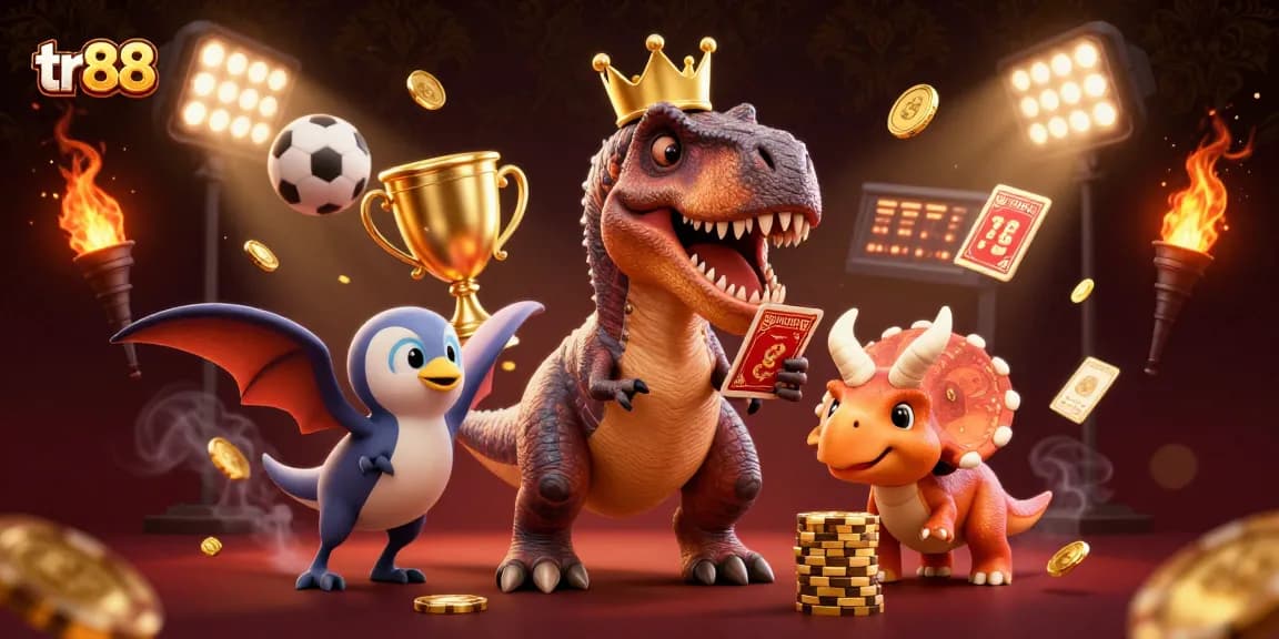 tr88 engages players with a cartoon T-Rex card shuffling as a pterodactyl assists, set among gambling elements.
