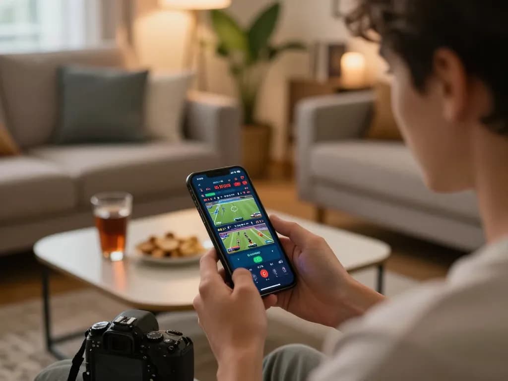 Situs toto sports betting action on a smartphone capturing live game odds in a cozy home setting.