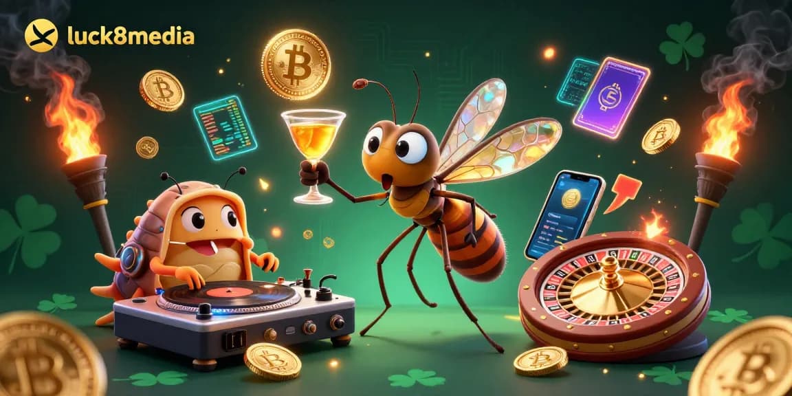 Experience thrilling gaming at luck8media with a vibrant casino mascot and crypto elements.