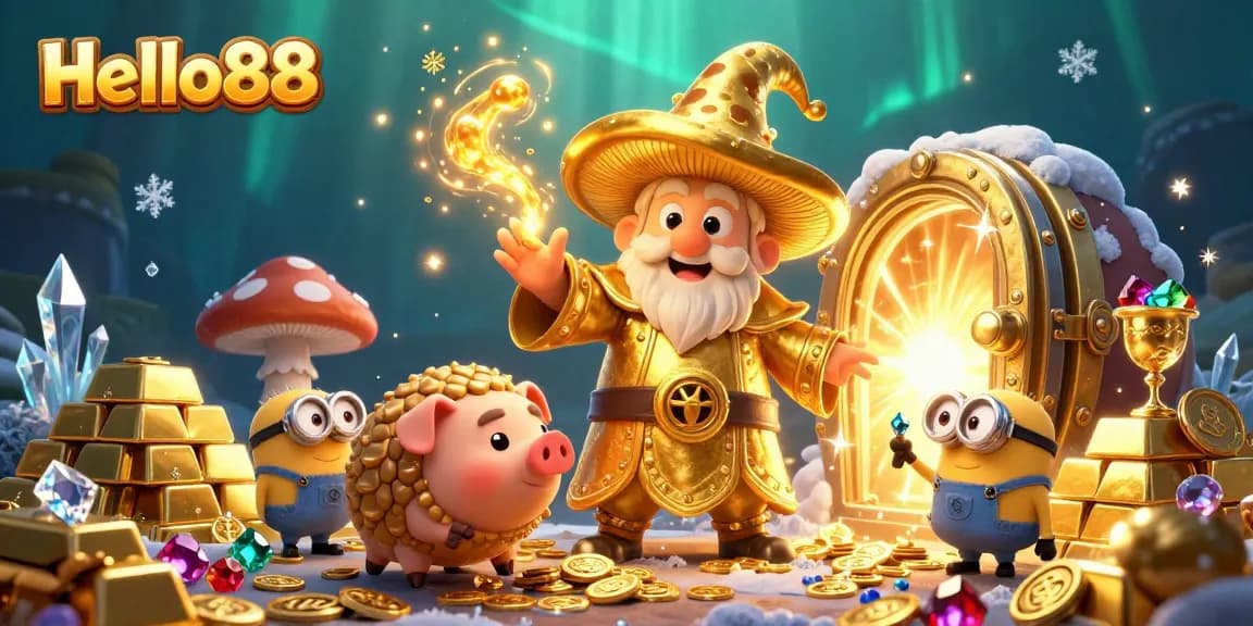 Hello88 players winning big with a thrilling casino adventure featuring magical treasures and vibrant details.