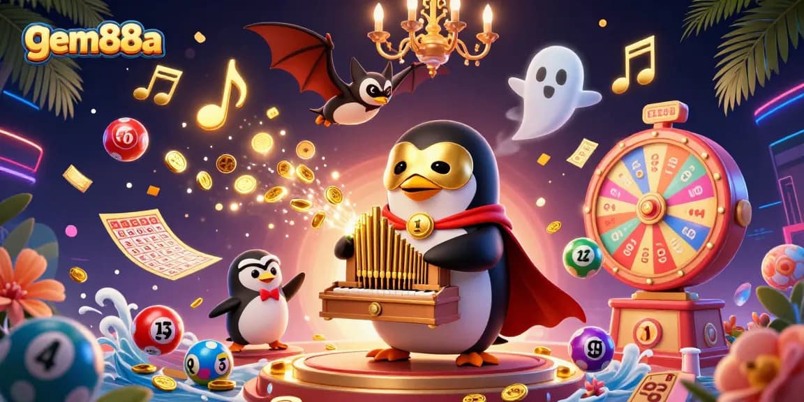 Experience the thrill of gem88a with vibrant gaming elements, including a penguin organist and joyful lottery balls.