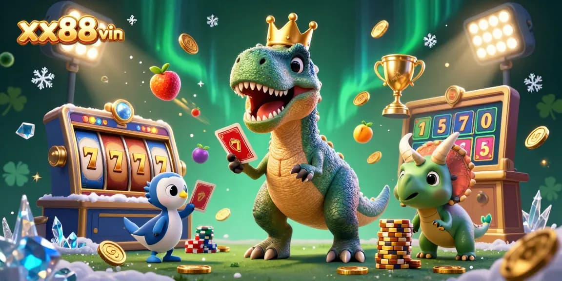 Enjoy the action with xx88 vin as charming dinosaurs play slots and shuffle cards in a vibrant casino.