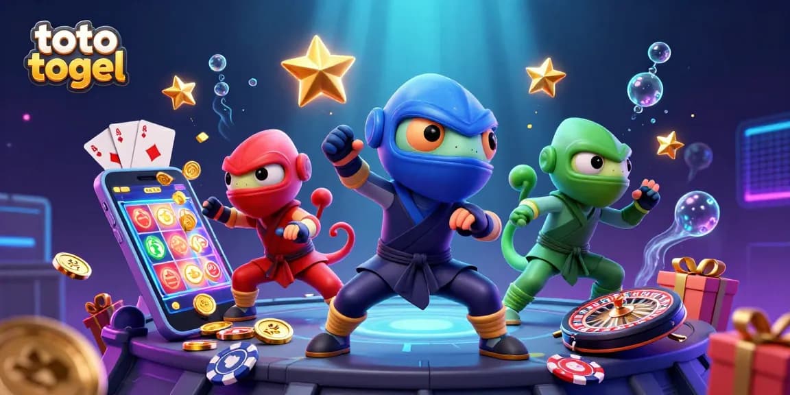 Toto togel themed illustration showcasing ninja chameleons with casino game elements in action.