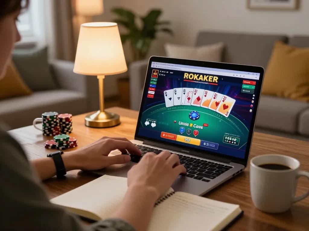 Engaging in online poker at home with fabet on the laptop, showcasing strategic gameplay.