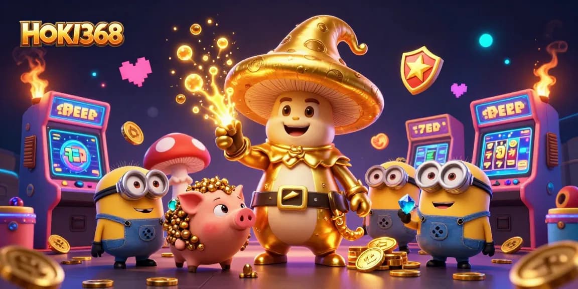 Experience the magic of HOKI368 with a lively scene of a golden mushroom wizard and treasures.