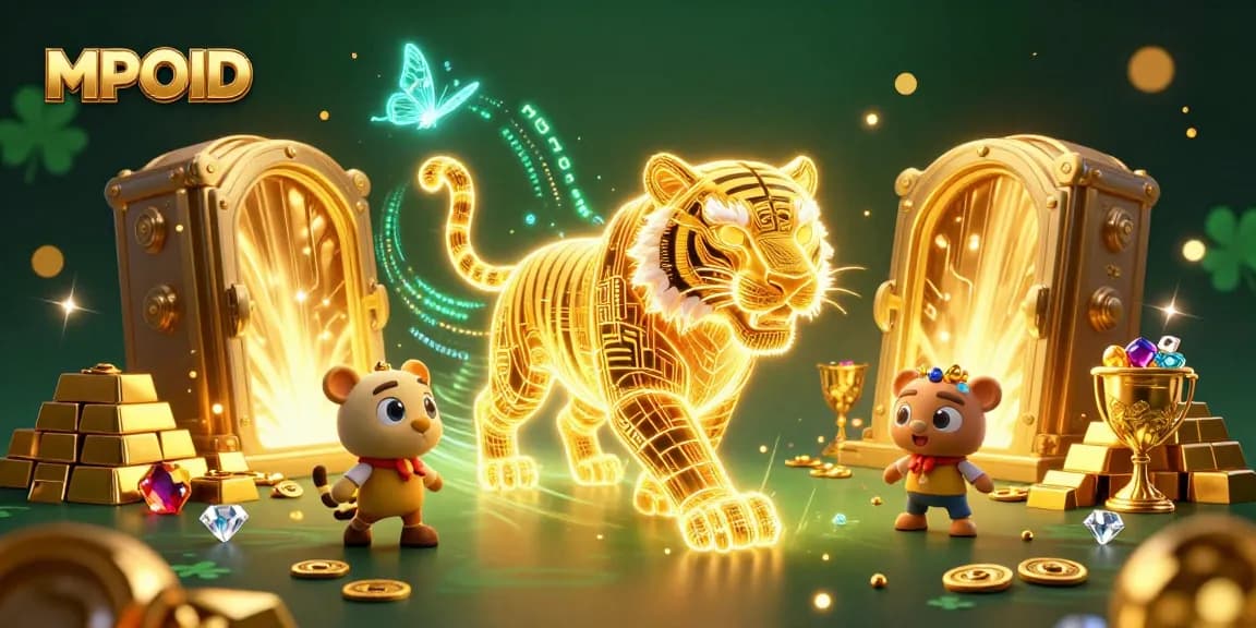 Engage with MPOID's dazzling digital casino adventure featuring neon characters and treasures.