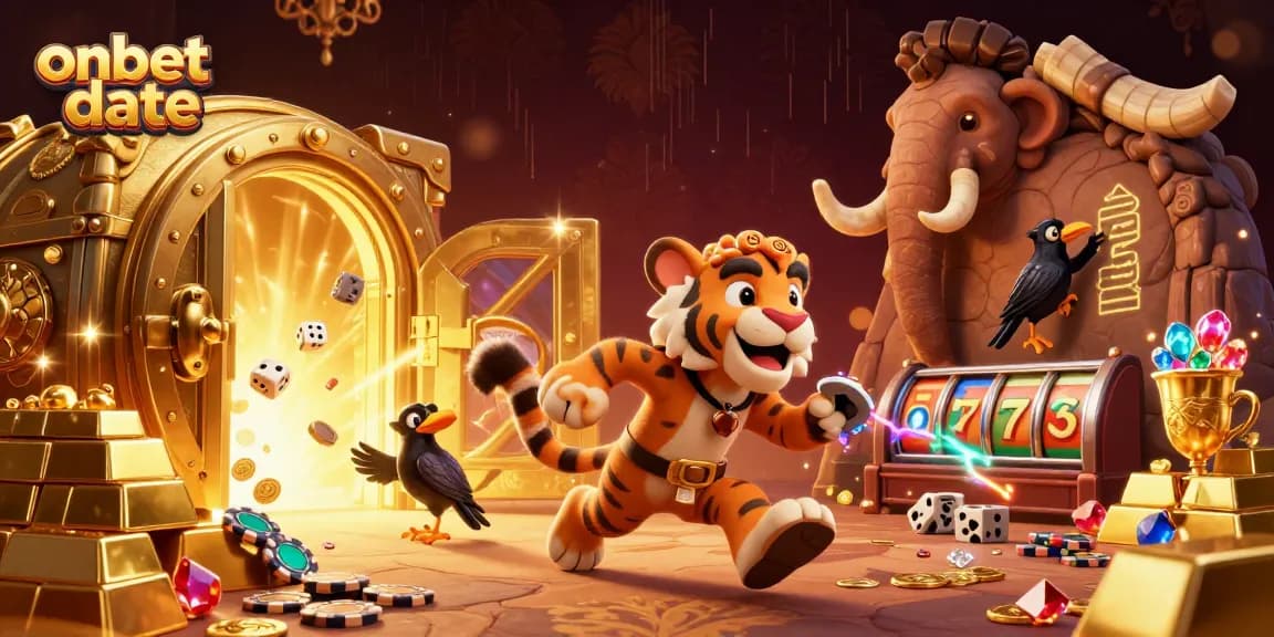 Experience the thrill of onbet date with a vibrant 3D casino scene featuring colorful cartoon characters and exciting game elements.