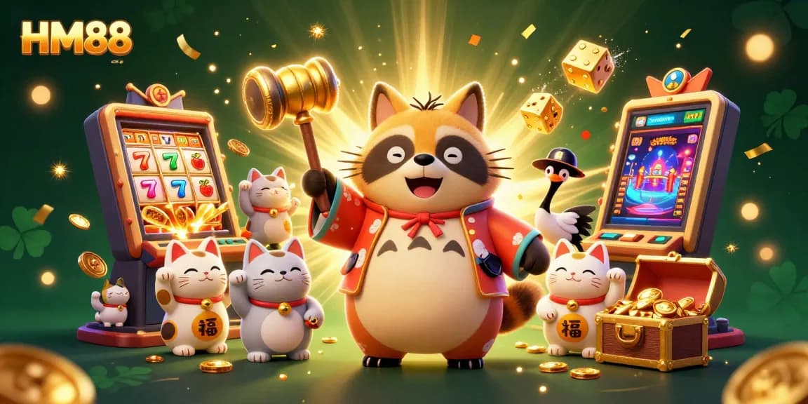 Experience thrilling jackpots at HM88 with cheerful tanuki, golden mallet, and colorful maneki-neko