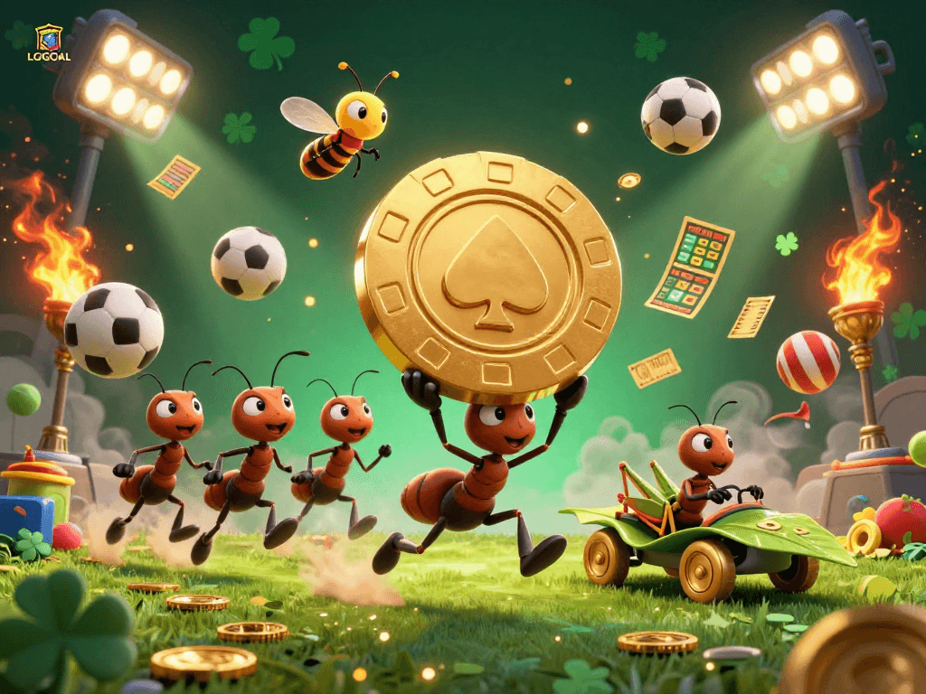 LGOGOAL ants steal a giant gold poker chip amidst a vibrant gambling scene of sports elements.