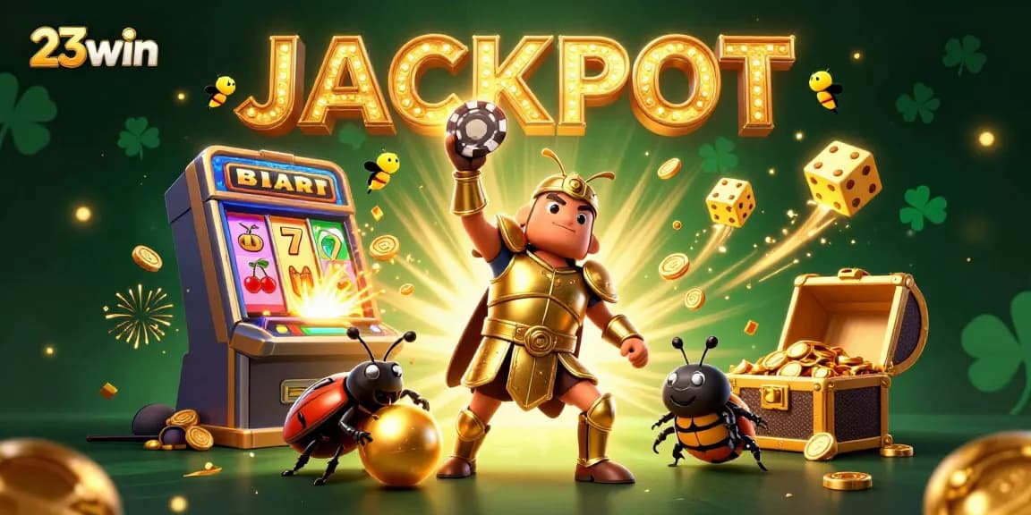 Experience the thrill of winning at 23win with a dynamic jackpot scene featuring a 3D beetle hero.