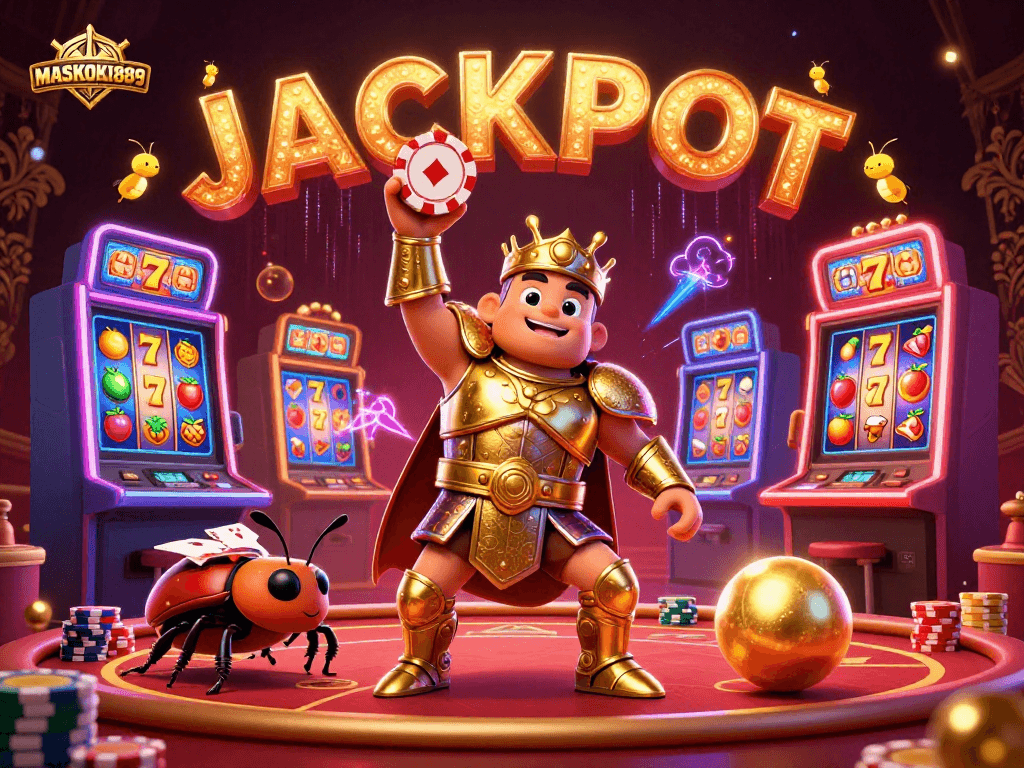 Celebrate wins with MASKOKI889 as a heroic beetle dominates the casino scene!