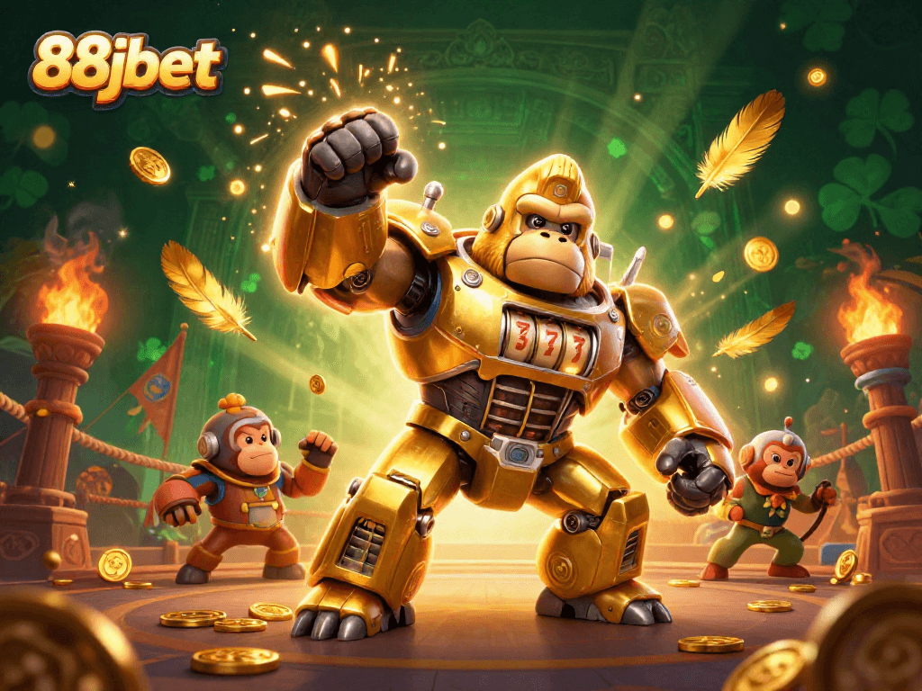 Experience thrilling gaming action at 88jbet with a detailed 3D scene of a slot machine gorilla mech showcasing excitement and fun.