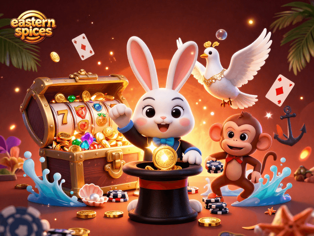 Explore easternspices' magical casino experience with a 3D cartoon rabbit pulling gold coins, slot reels, and poker chips.