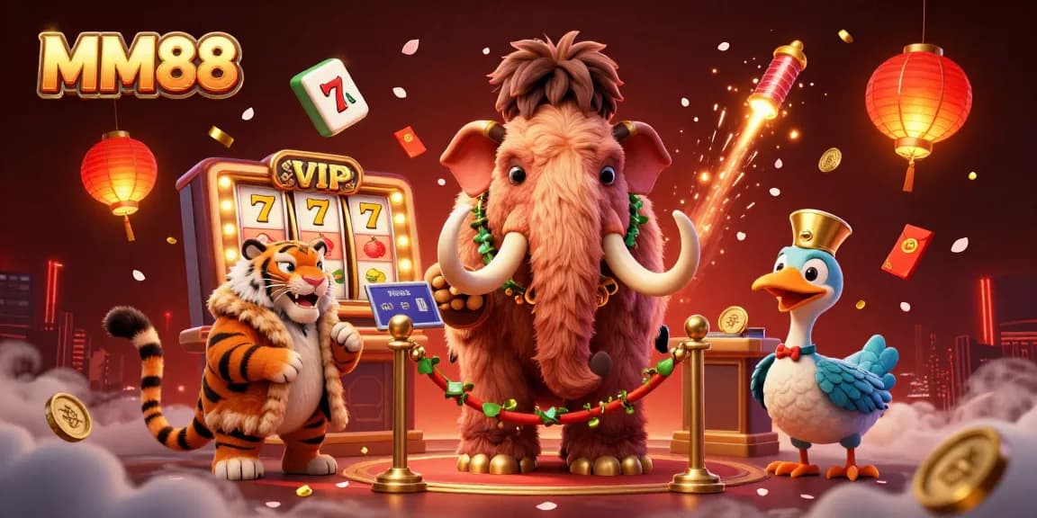Bet on MM88 with a vibrant scene of a woolly mammoth bouncer and a saber-tooth tiger VIP!
