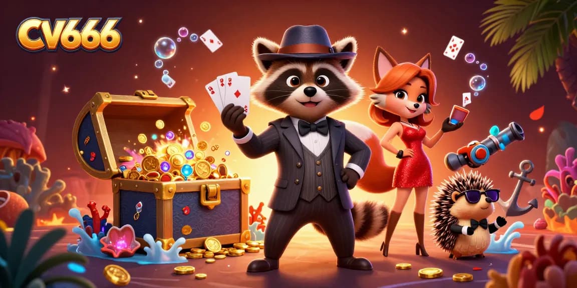 Experience the thrill of CV666 gaming with a suave raccoon and a glamorous fox amidst explosive treasures.
