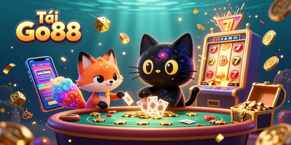 Tải Go88 features a cosmic casino scene with a black hole cat and colorful fox, surrounded by thrilling gaming elements.