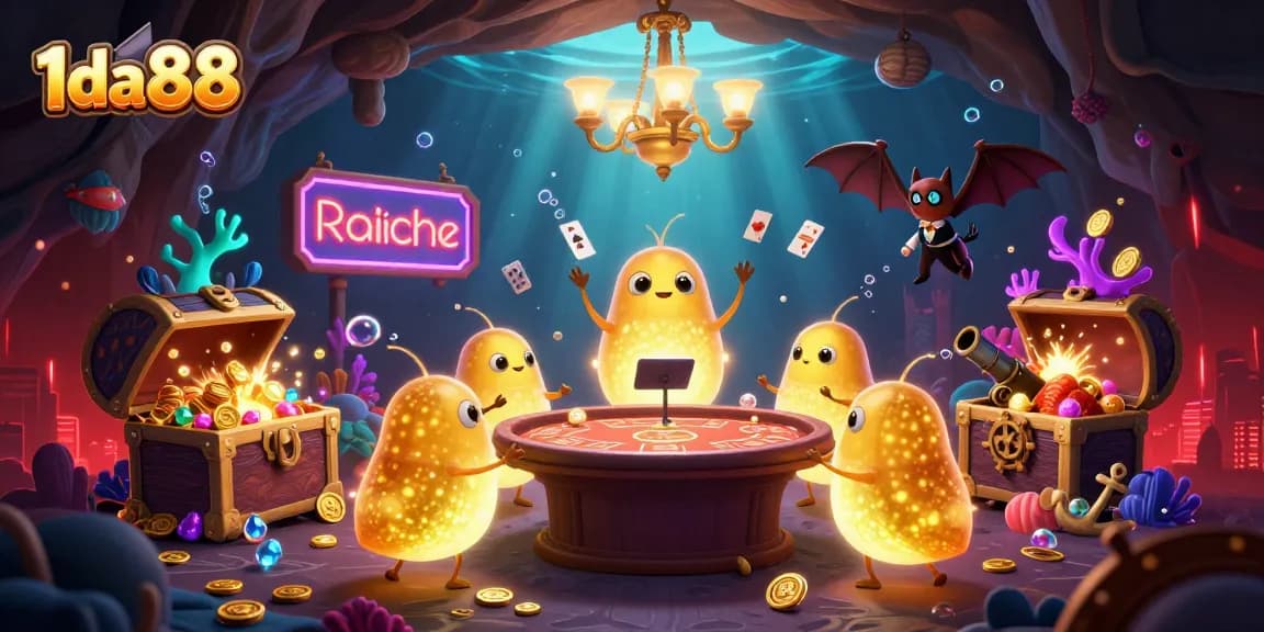 Experience the vibrant energy of 1da88 with glowworms illuminating a cave casino rich in detail.