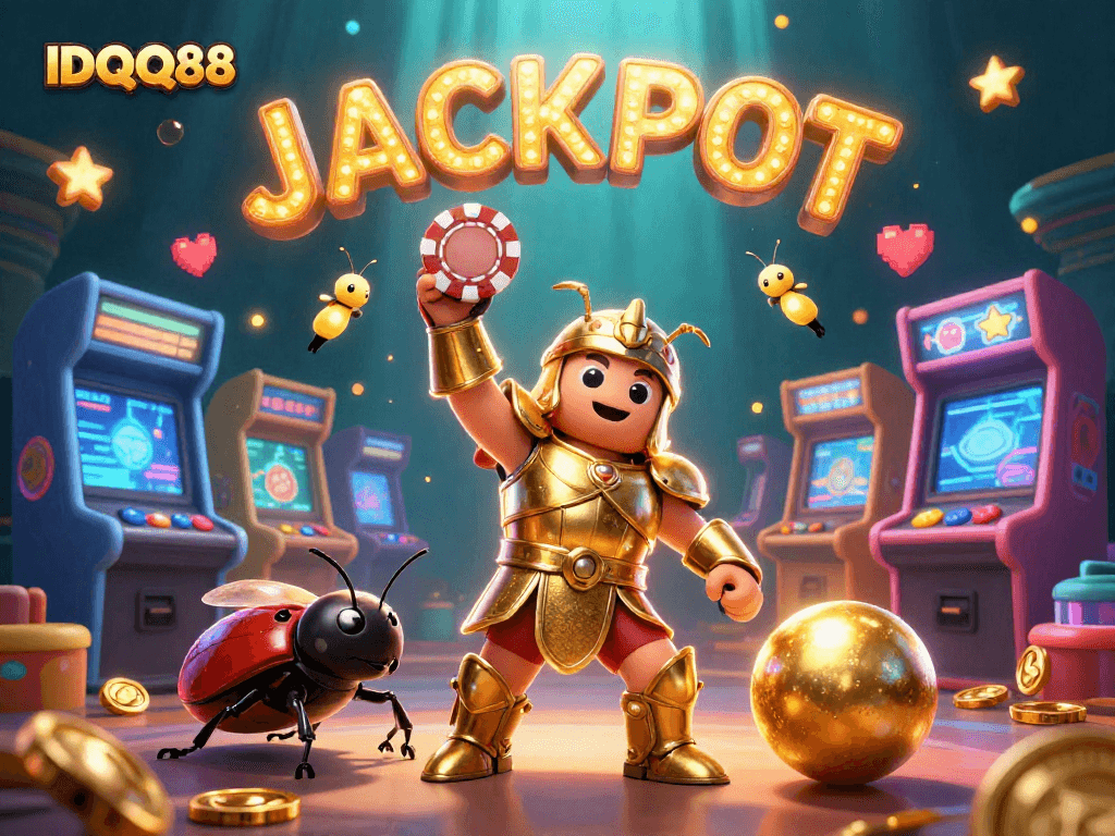 IDQQ88 celebrates a casino jackpot with vibrant animated characters in a dynamic 3D scene.