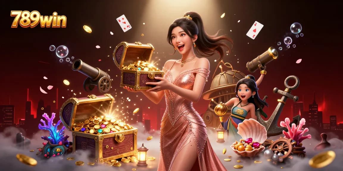 Experience excitement at 789win with treasures of gold and gems in a captivating casino illustration.