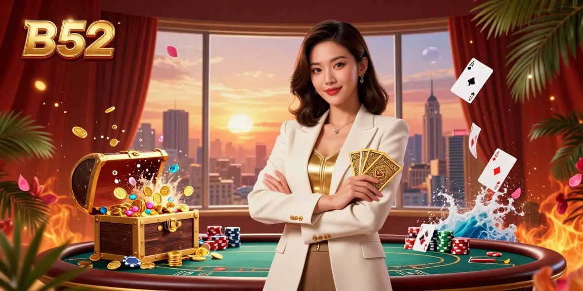 B52 features an elegant Asian businesswoman in a casino setting, showcasing her poker skills with dynamic visuals.