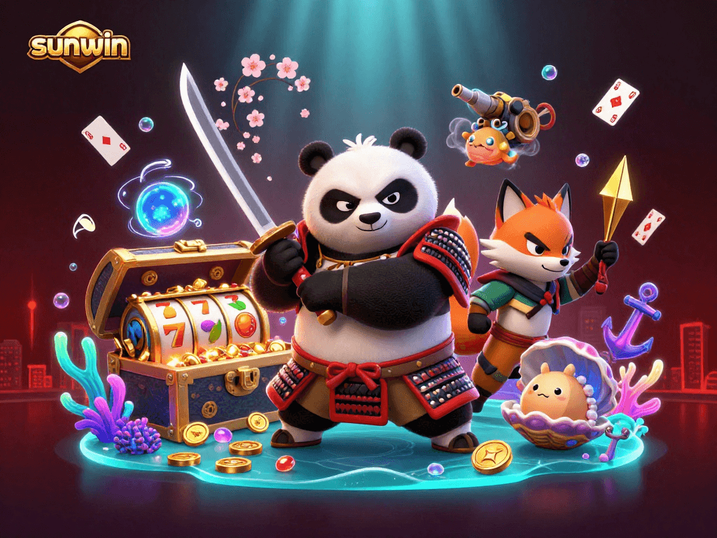 Experience exciting gameplay at sunwin with a fierce panda samurai and vibrant casino elements!