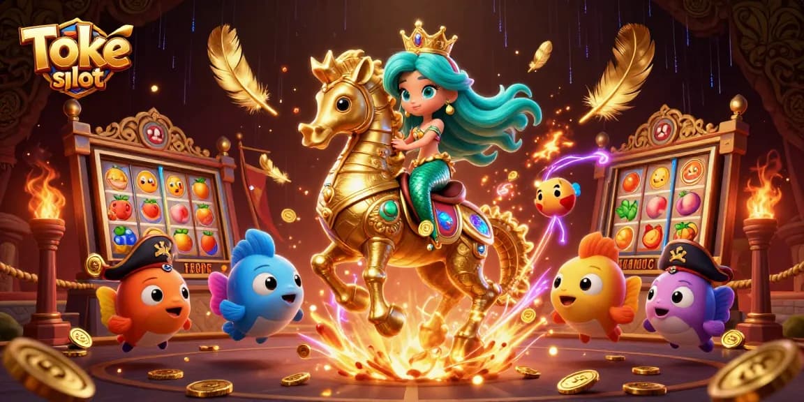 Toke slot scene showcasing a vibrant 3D mermaid and seahorse duo in an energetic casino setting with slot elements.