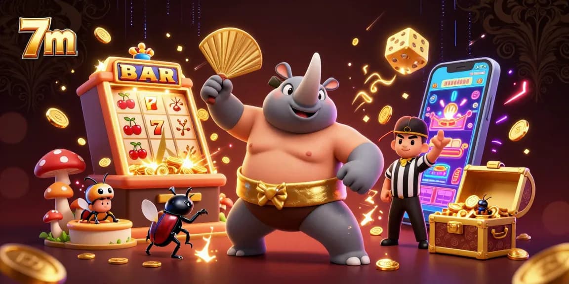 Experience 7m casino fun with a rhinoceros beetle champion winning coins in a dynamic slot scene.