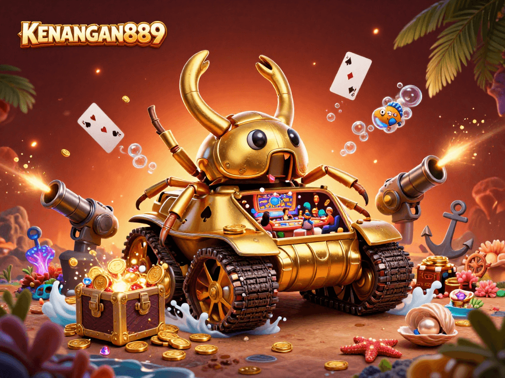 Bet on KENANGAN889 with a dynamic scene of a golden beetle tank revealing a miniature casino.