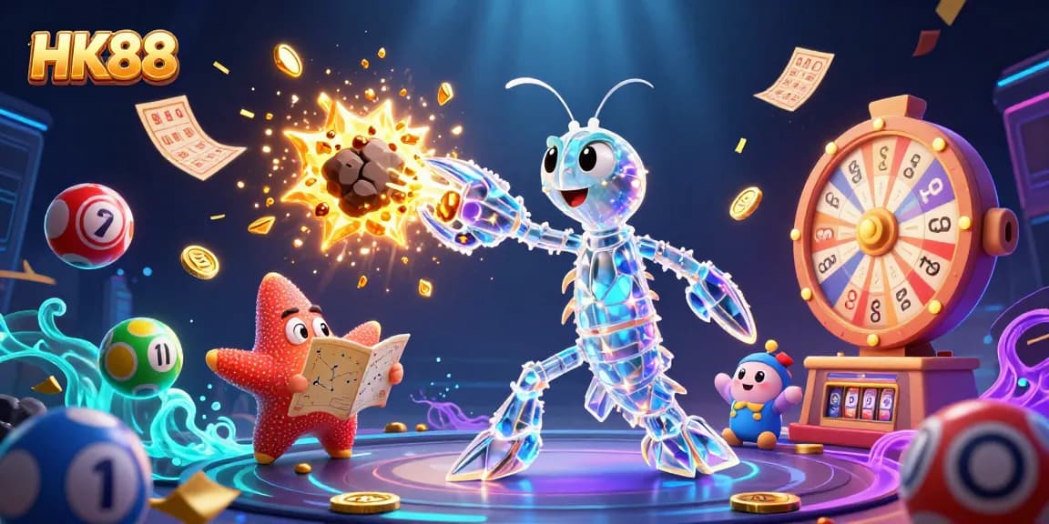 Experience thrilling action at HK88 with vibrant casino-themed illustrations of lottery balls, golden tickets, and gameplay elements.