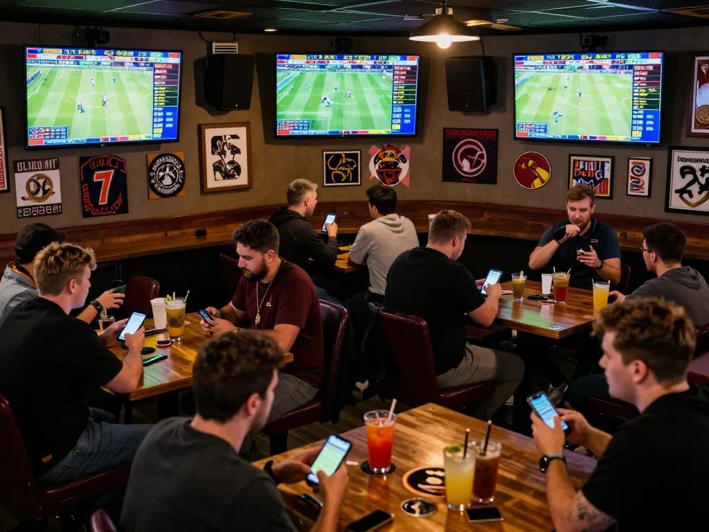 Patrons discussing kèo nhà cái strategies while placing sports bets in an energetic bar setting.
