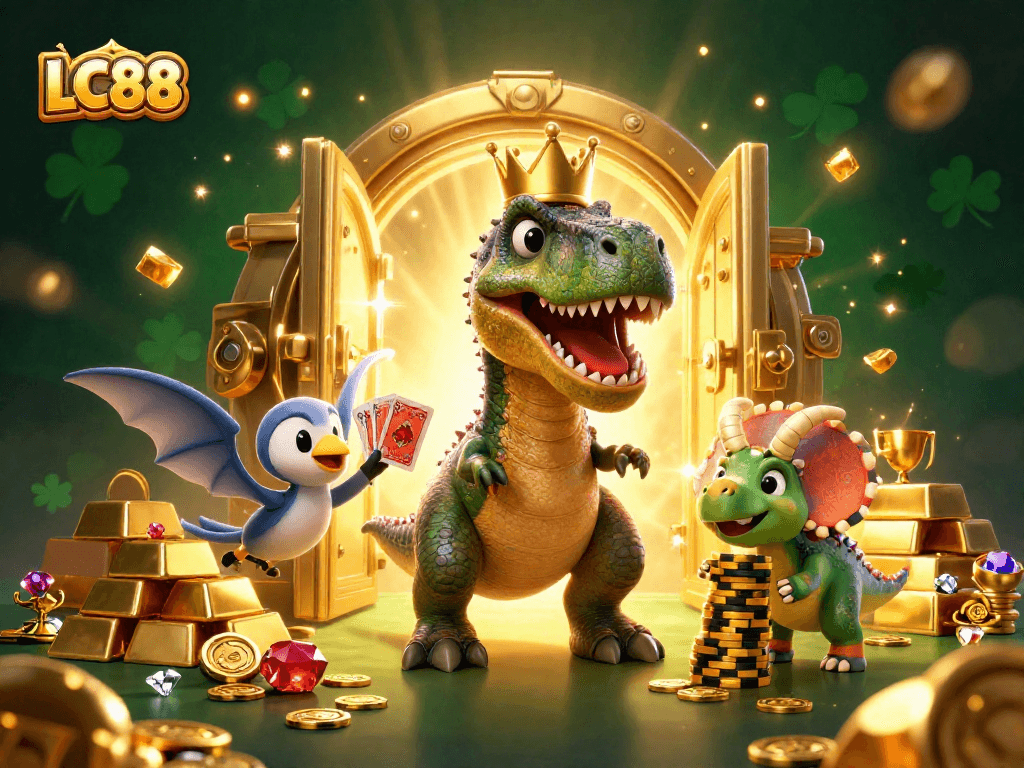 Experience fun with LC88: a T-Rex deals cards at a vibrant casino scene brimming with treasures.