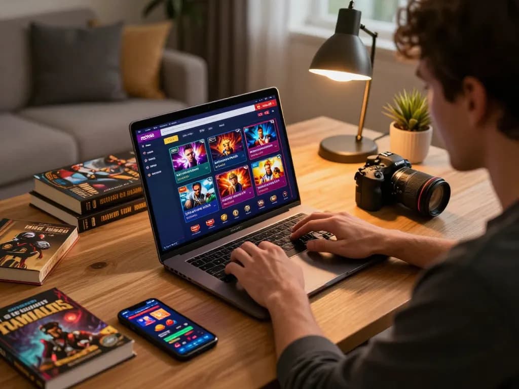 rokok88 player engaged at home gaming session, laptop displaying casino options, cozy environment