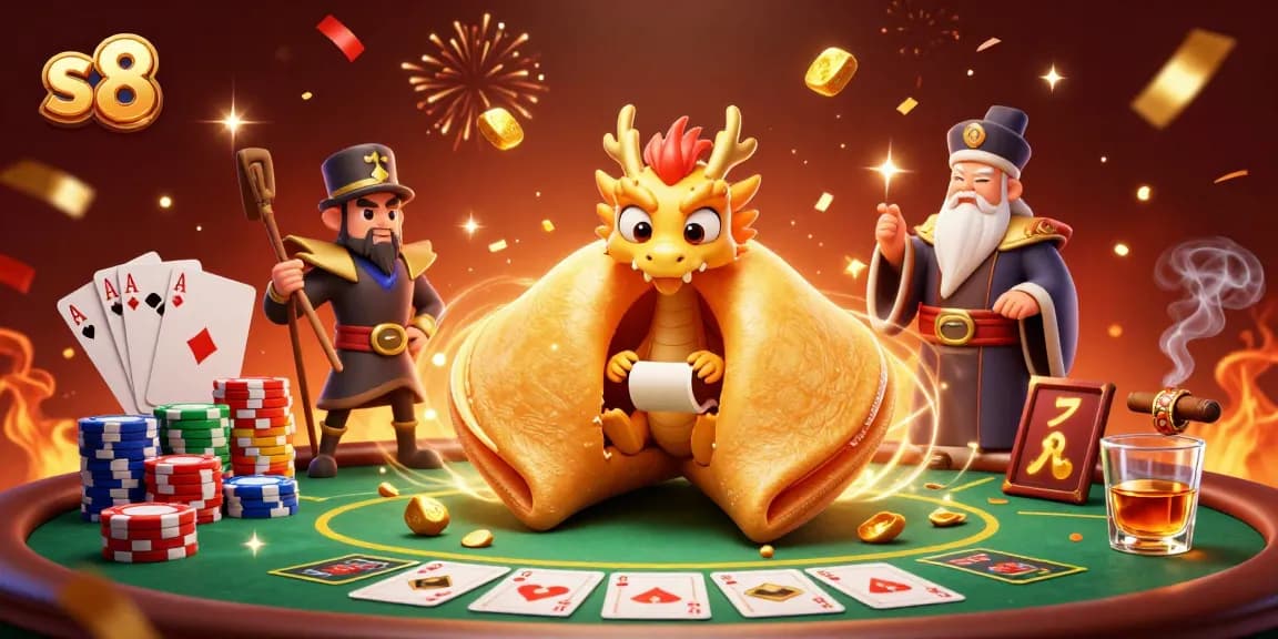 S8 players chasing wins at a vibrant casino scene with golden fortune cookie magic and dynamic poker action.