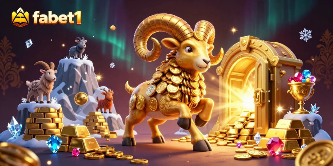Fabet1 offers an exciting casino scene with a golden ram charging towards a treasure vault.