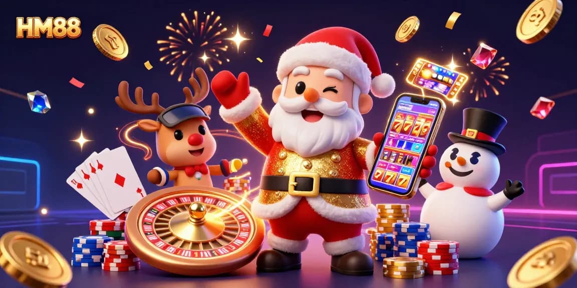 Spin to win with HM88 in this vibrant animated casino scene showcasing a festive jackpot experience.
