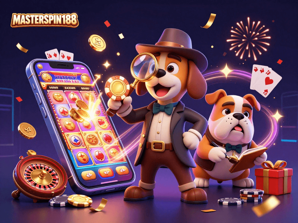 Engage with MASTERSPIN188 through a cartoon detective scene uncovering casino treasure with vibrant game elements.