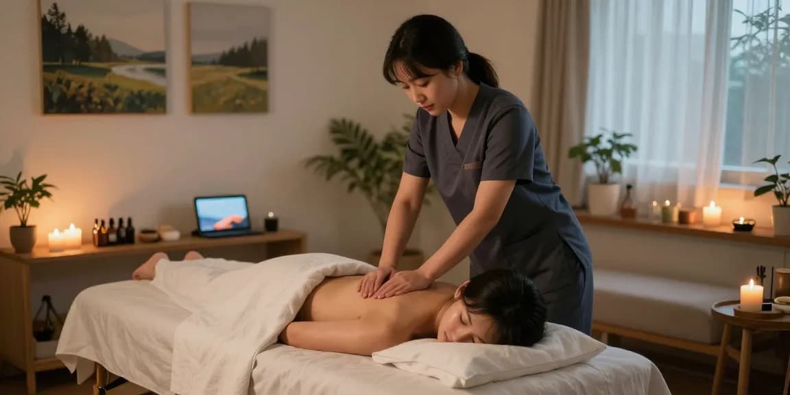 Providing 신촌출장마사지 in a calming home environment with therapist and client.