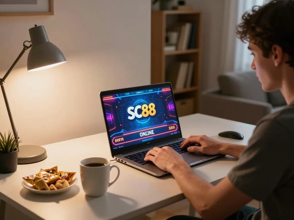 Player engaging with online casino at sc88, showcasing vibrant gaming interface and a cozy setup.