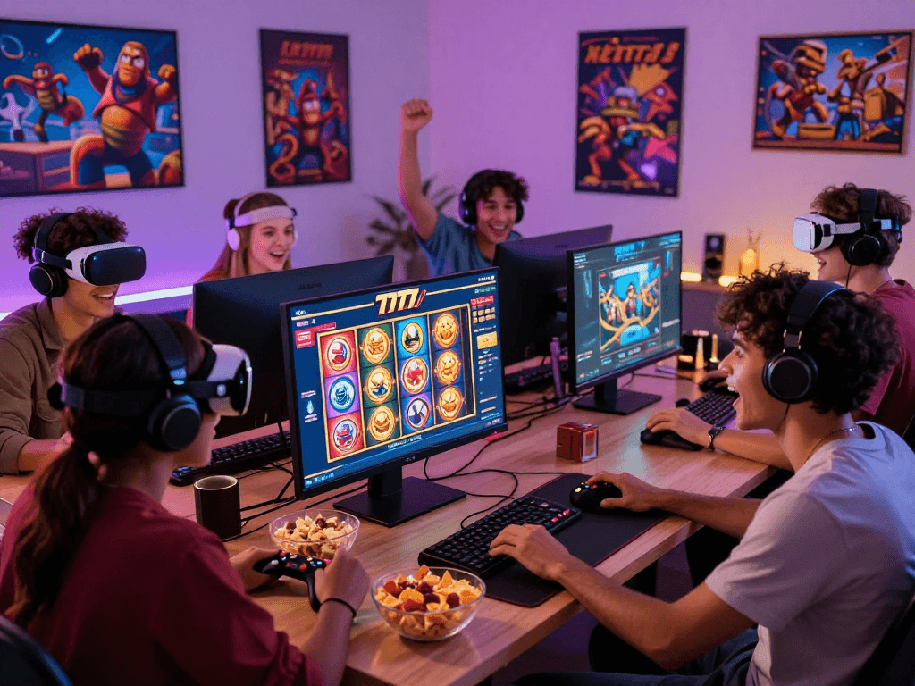 Friends enjoying slot777 online gaming in a vibrant, engaging home setup with colorful visuals and modern accessories.