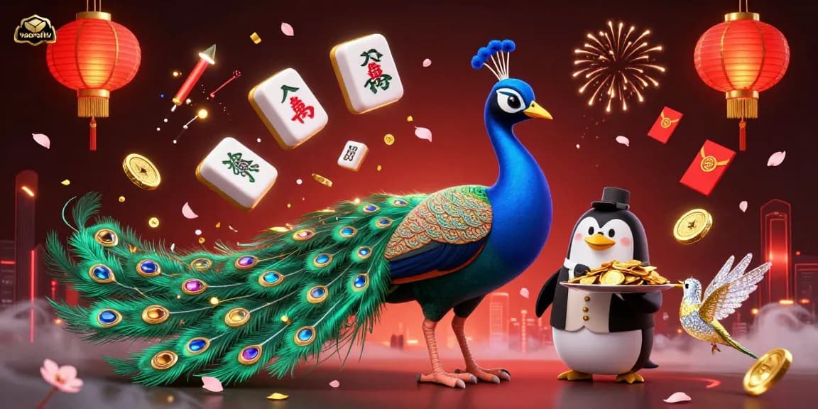Experience thrilling live betting action with VaoroiTV featuring a peacock and butler penguin amidst festive casino elements.