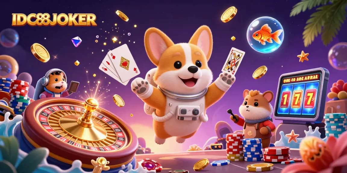 Win big with IDC88JOKER in a vibrant space casino scene featuring exciting gaming elements.