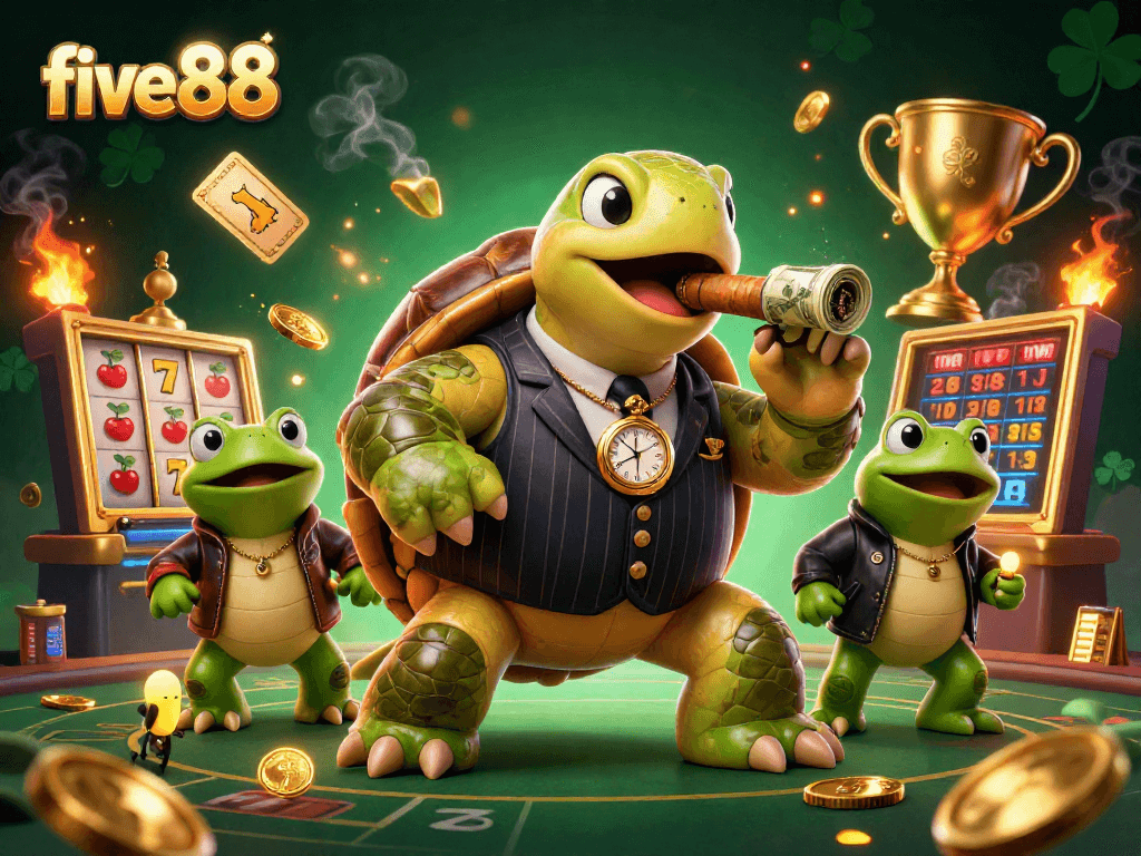 Spin the reels at five88 with a 3D turtle mobster and slot elements, bringing excitement to the game.