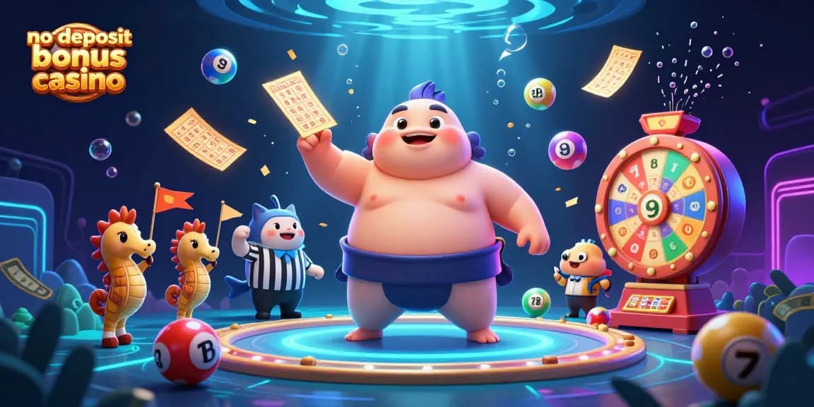 No deposit bonus casino illustration showcasing a fugu in a sumo belt in a vibrant underwater scene with lottery elements.
