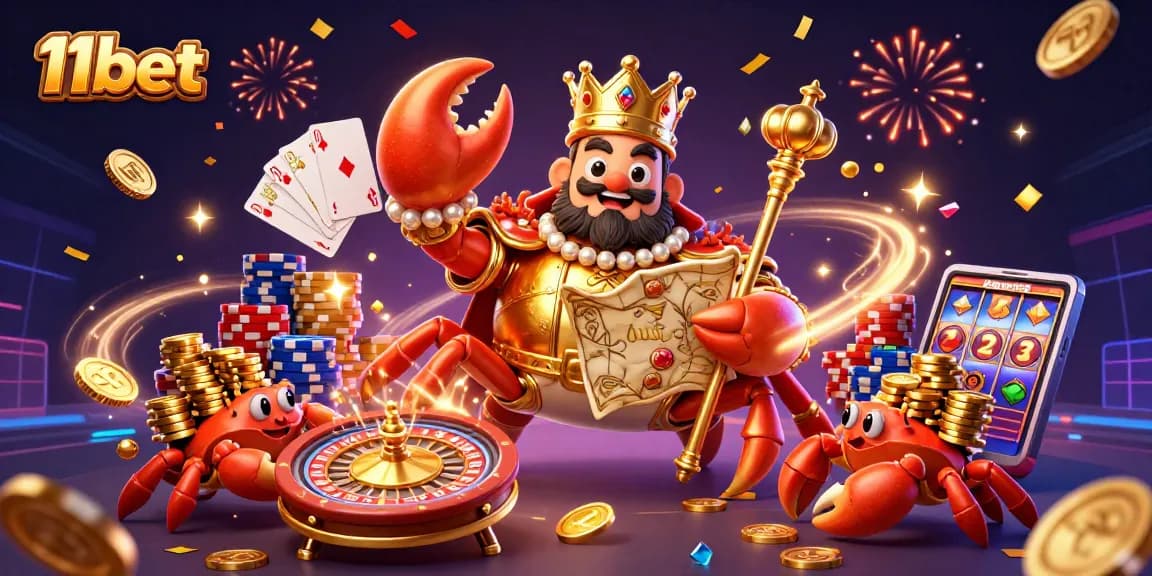 Experience the excitement of 11bet with vibrant 3D illustrations of a crab emperor, treasures, and casino elements.