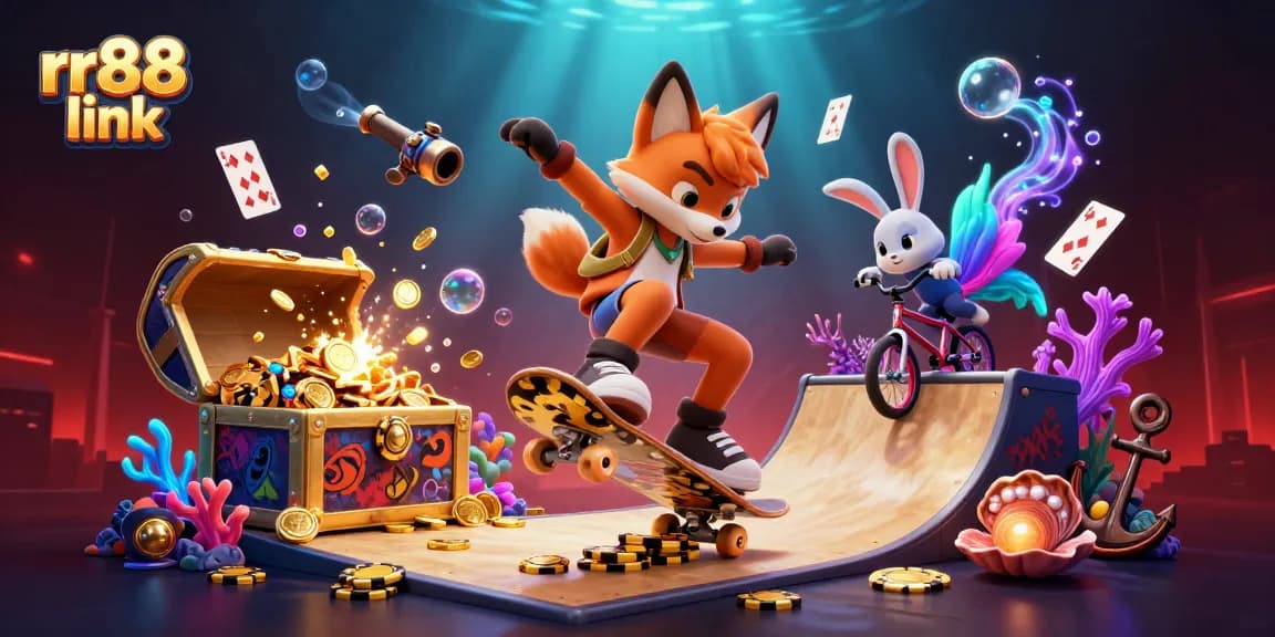 Engage with the dynamic rr88 link scene featuring cartoon characters celebrating casino excitement.