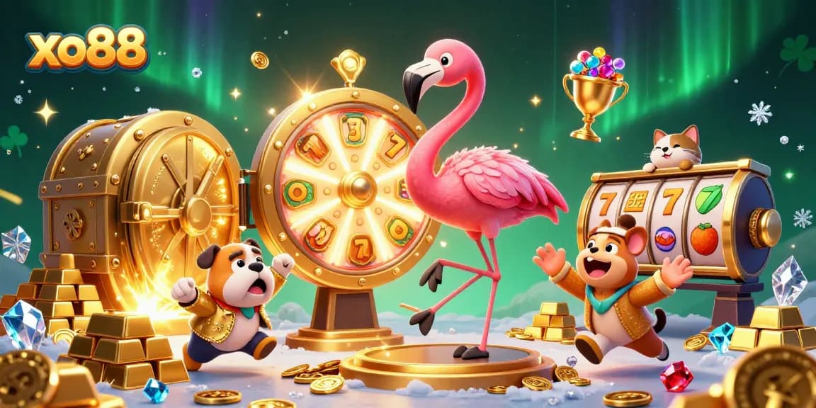 Experience the excitement of xo88 with a vibrant 3D illustration of a game show scene featuring a flamingo host, bulldog contestant, and jackpot elements.