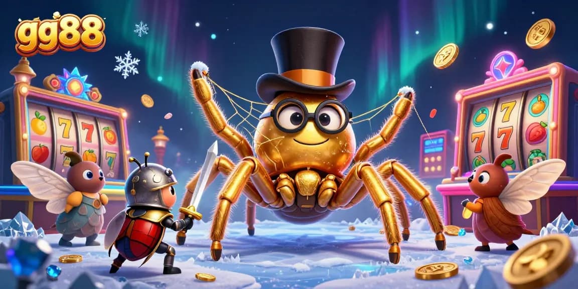 Engage in thrilling gameplay at gg88, featuring a vibrant casino scene with a golden tarantula, beetle knight, and slot reels.