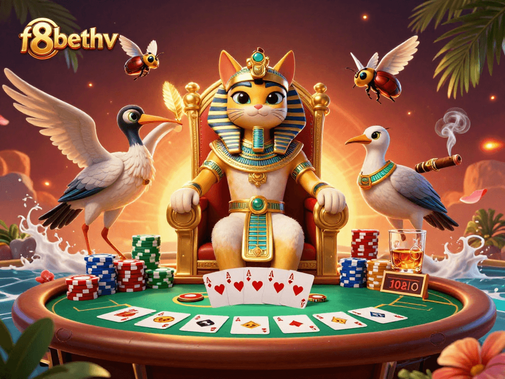 Experience the vibrant world of f8bethv with a lively 3D casino scene featuring a pharaoh cat and gaming elements.