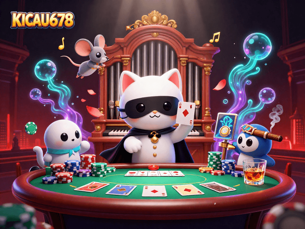KICAU678 showcases an energetic scene of a phantom cat and acrobat in a vibrant casino setting.