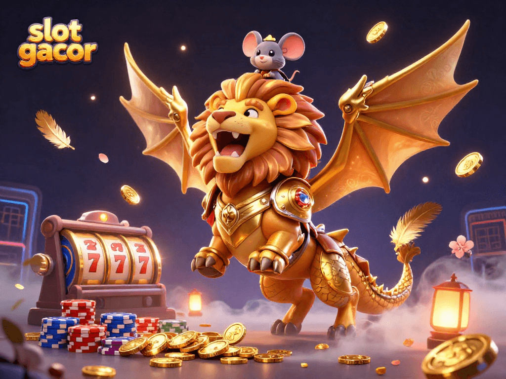 Experience the thrill of slot gacor with a dynamic 3D illustration featuring a chimera and vibrant casino elements.